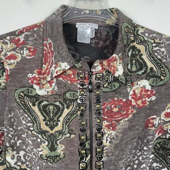 Alberto Makali Full Zip Jacket Womens L Taupe Floral Metal Studs Boho Edgy Artsy - Picture 4 of 10
